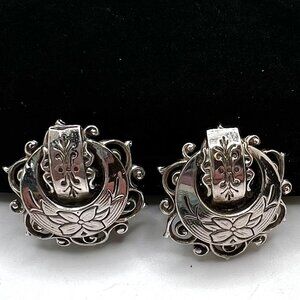 Karu 1940's Silver Filigree Door Knocker CLIP Earrings